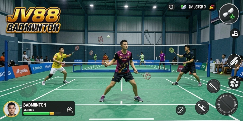 Tampilan antarmuka game Badminton dengan karakter aktif di lapangan.