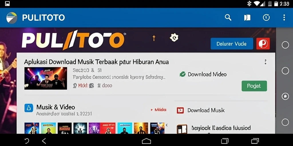 Screenshot antarmuka PULITOTO dengan fitur Download Musik yang jelas.